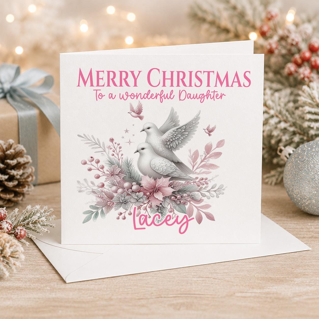 Personalised Christmas card, white 6x6 inch square card printed with two white doves among pink flowers, Merry Christmas and a name
