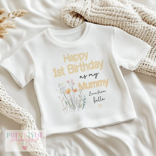 Personalised floral 1st Birthday Mummy bib, printed with your baby's chosen name in gold script.