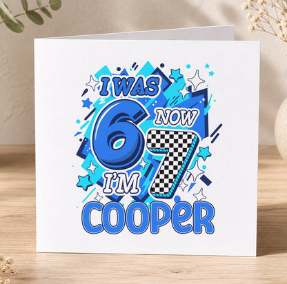 Colourful personalised kids' birthday card featuring bold graphic shapes and a 'six seven' trend-inspired design with the child's name and age.