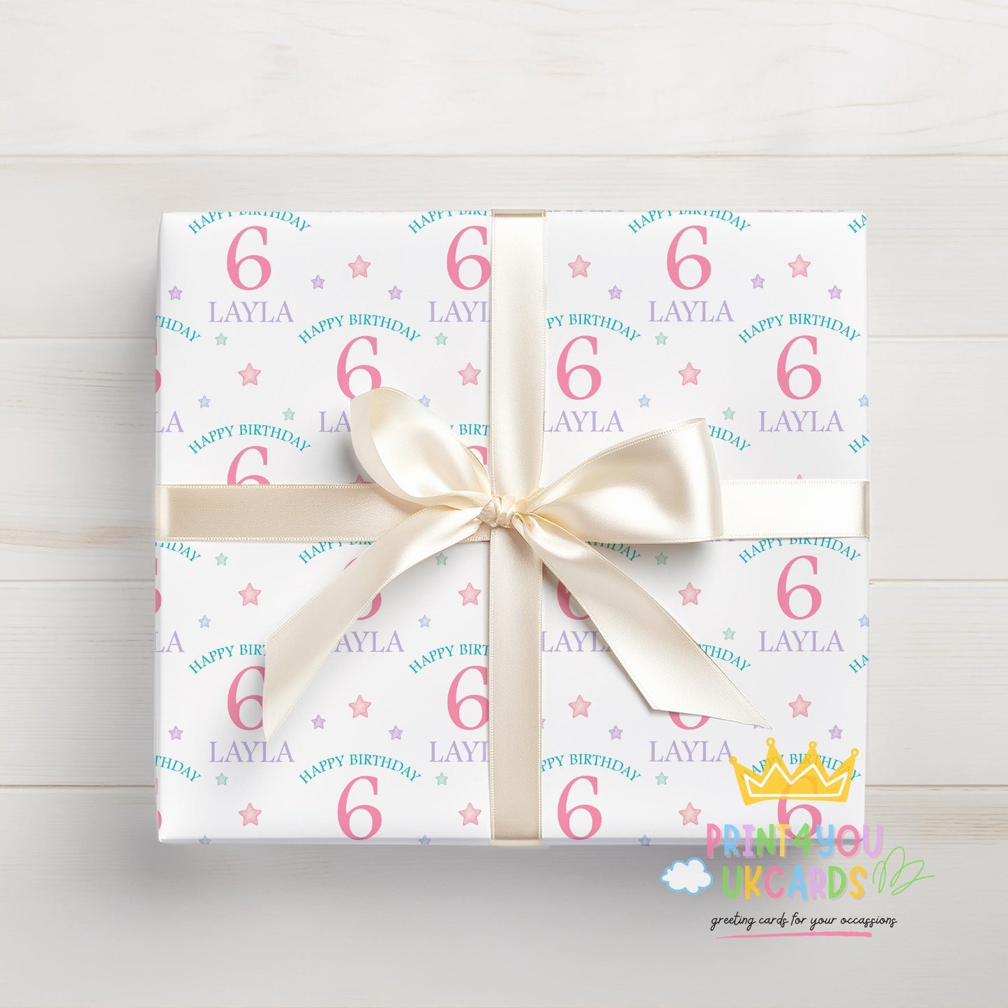 Personalised pastel stars wrapping paper laid flat, showing the full pattern with custom name and age.