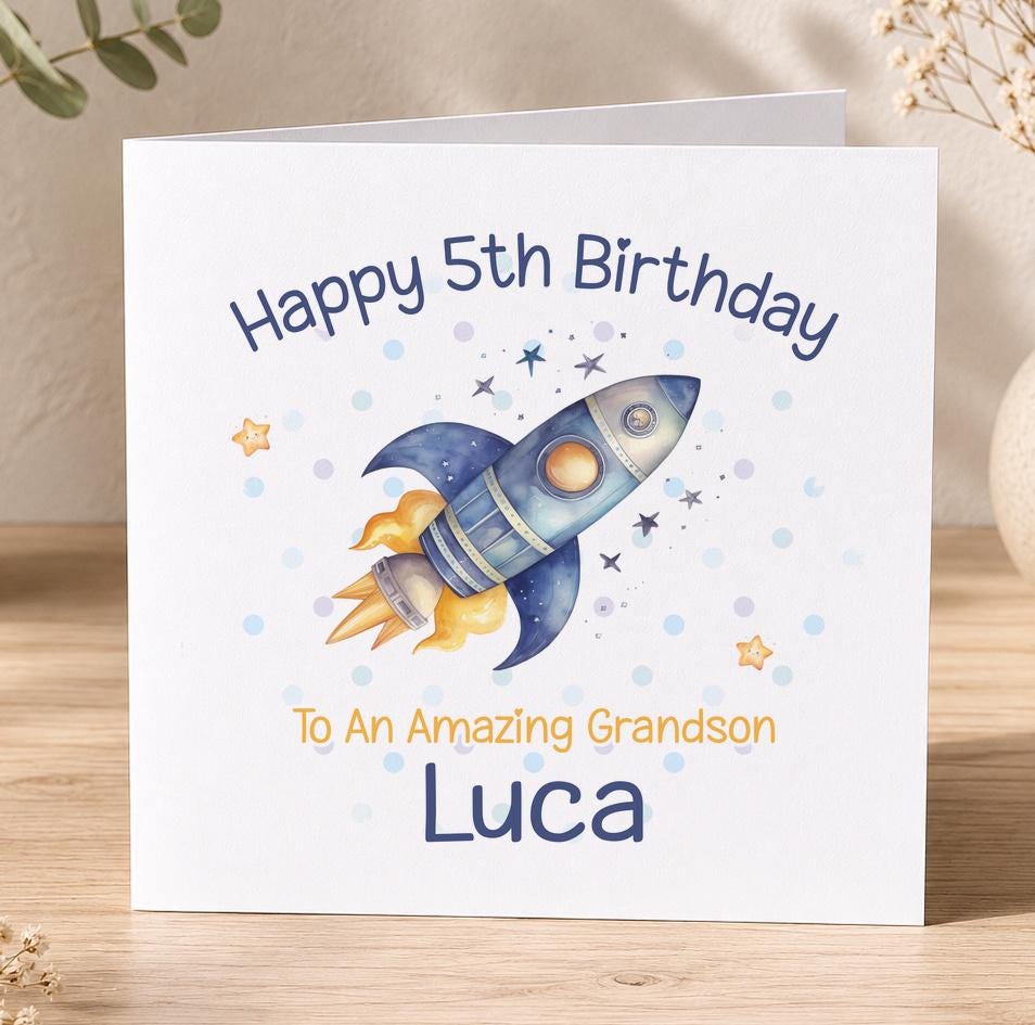 Personalised space birthday card, white 6x6 inch square card printed with a rocket, gold stars, the age and a name