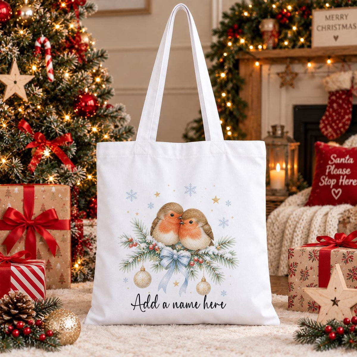 Personalised Christmas tote bag in white cotton with two robins on a pine branch, gold baubles and blue snowflakes, with a name beneath