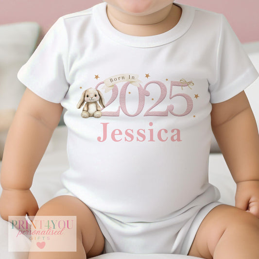 Personalised pink bunny bib with custom baby name and Born In 2025 banner