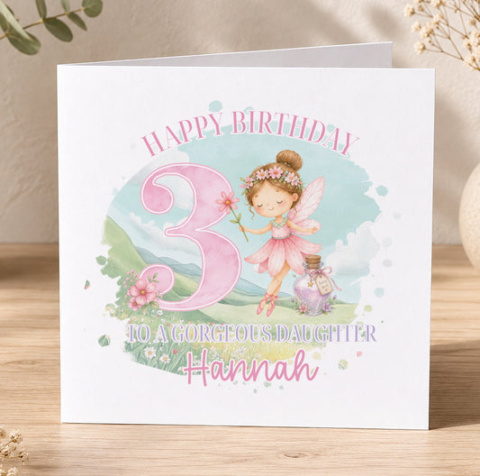 Square birthday card featuring a pink fairy design personalised with a name and the number 3, for a girl's birthday.