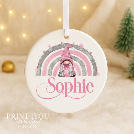 Personalised Ceramic Bauble – Rainbow Gonk Gnome Christmas Tree Decoration 7.5cm - No Thanks