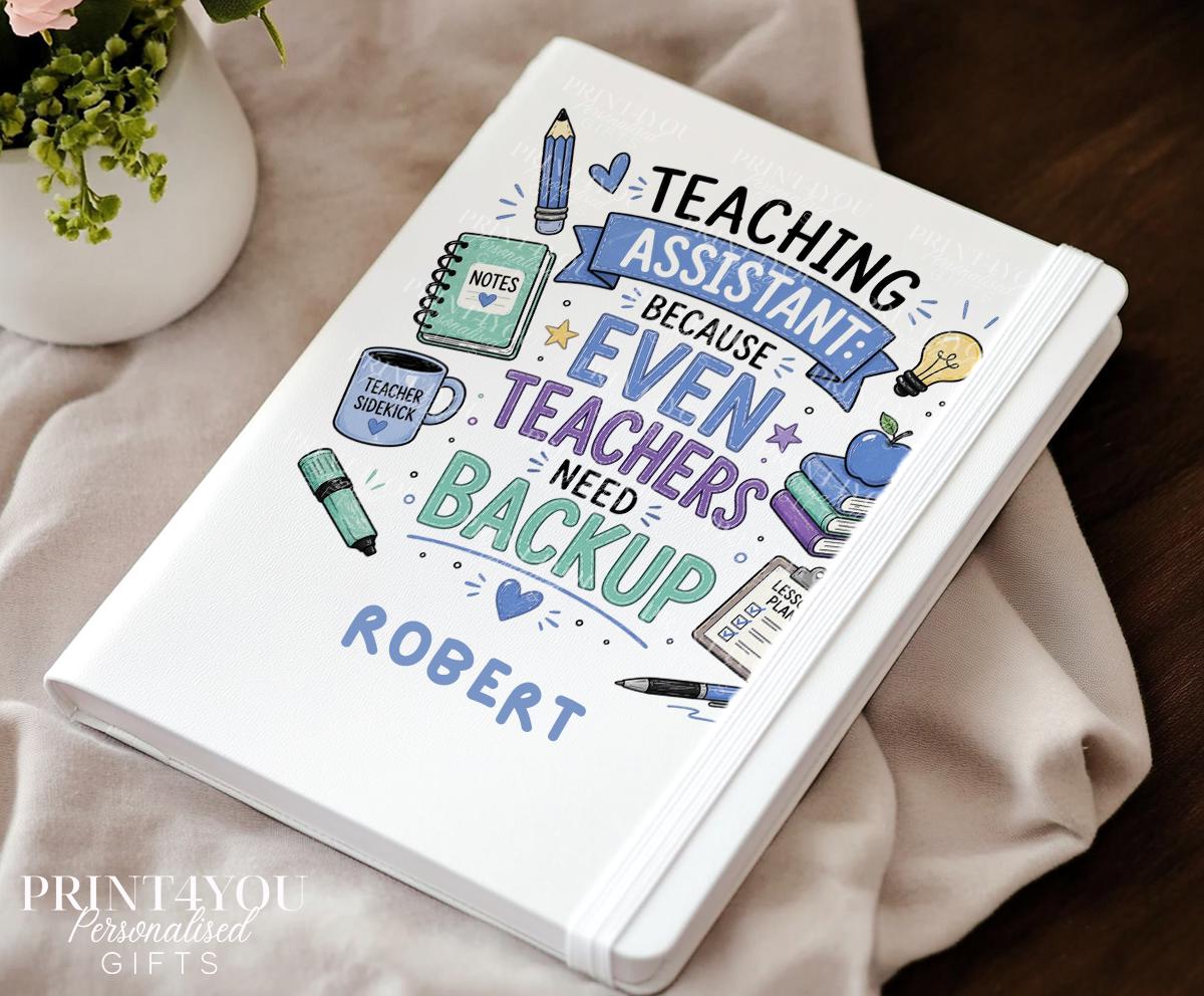 Personalised A5 notebook with a PU leather cover, printed with a name on the front.