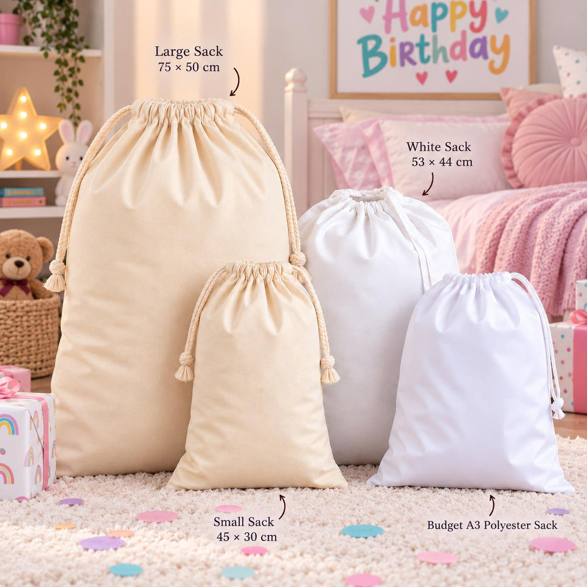 a variety of bags, including a large sack, a white sack, and two smaller sacks, all placed on a carpeted floor.