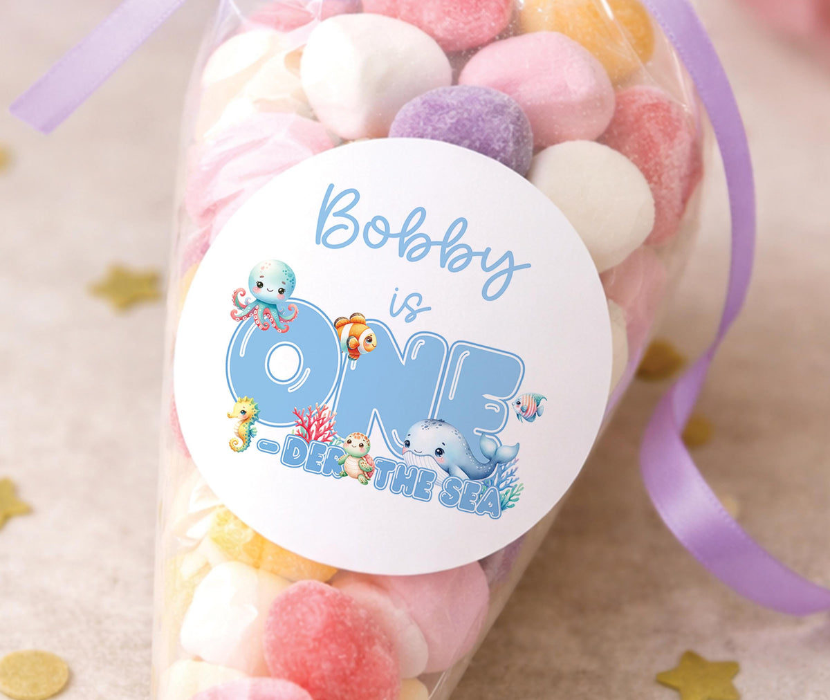 Sheet of glossy under the sea themed birthday stickers, personalised with a child's name
