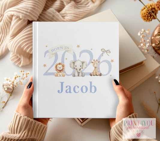Personalised Baby Album – Safari Photo Album – Born In 2026 Gift – First Year Keepsake - Default Title