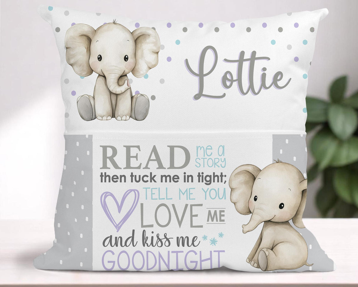 Elephant Book Cushion – Personalised Baby Nursery Reading Pillow with Pocket - Cushion cover only
