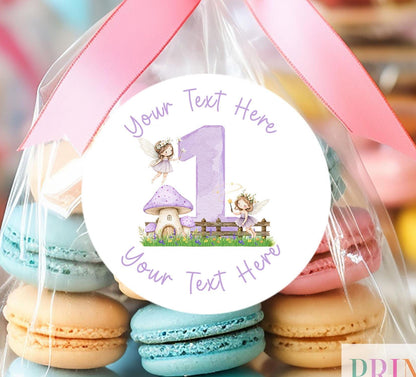 Personalised purple fairy ONE first birthday stickers, glossy 5cm strips of three in a cello bag