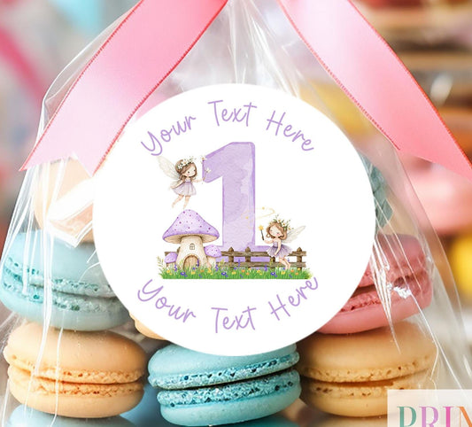 Personalised purple fairy ONE first birthday stickers, glossy 5cm strips of three in a cello bag