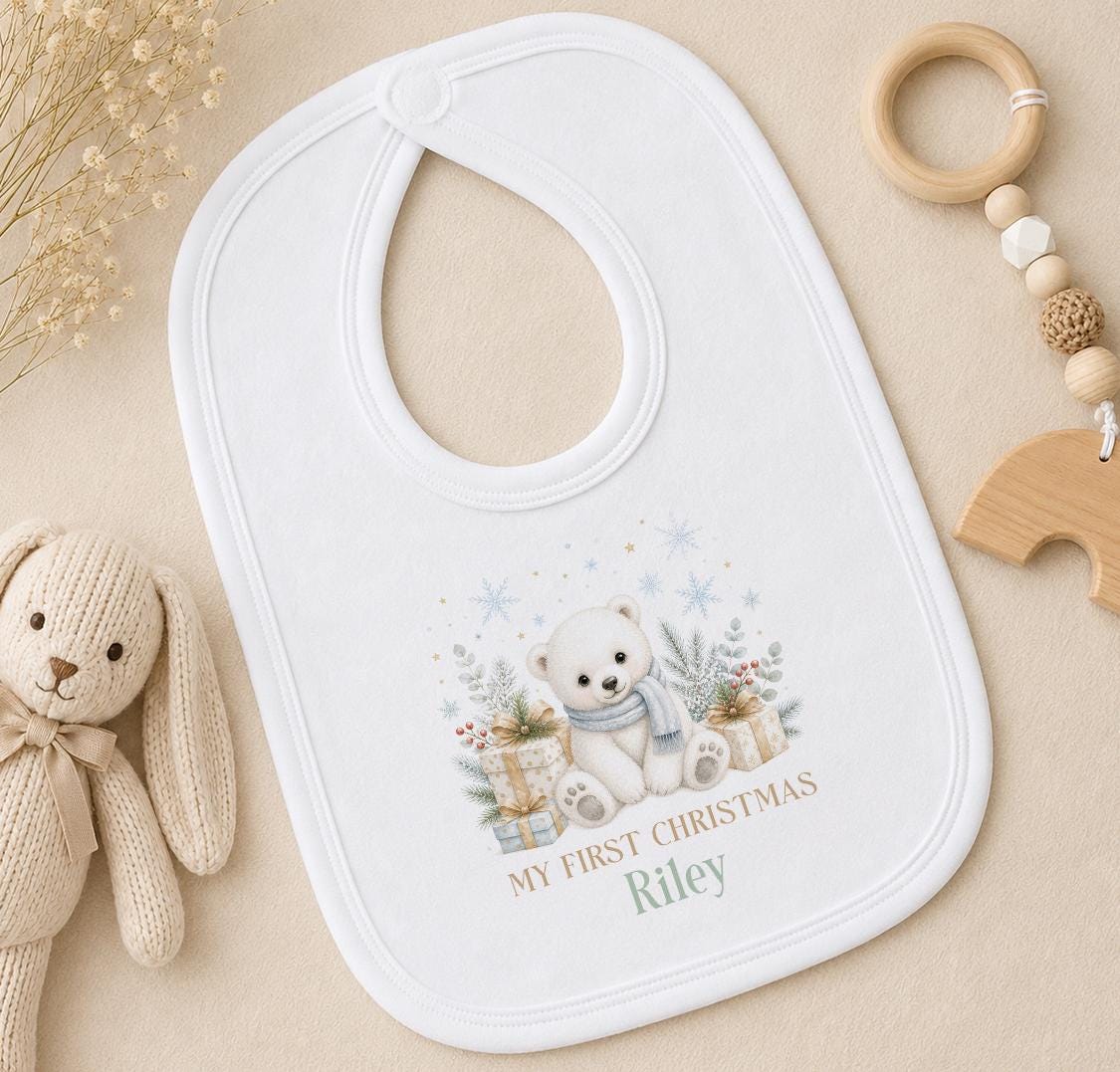 Personalised Baby Christmas Outfit, Polar Bear 2026 Sleepsuit, Bib