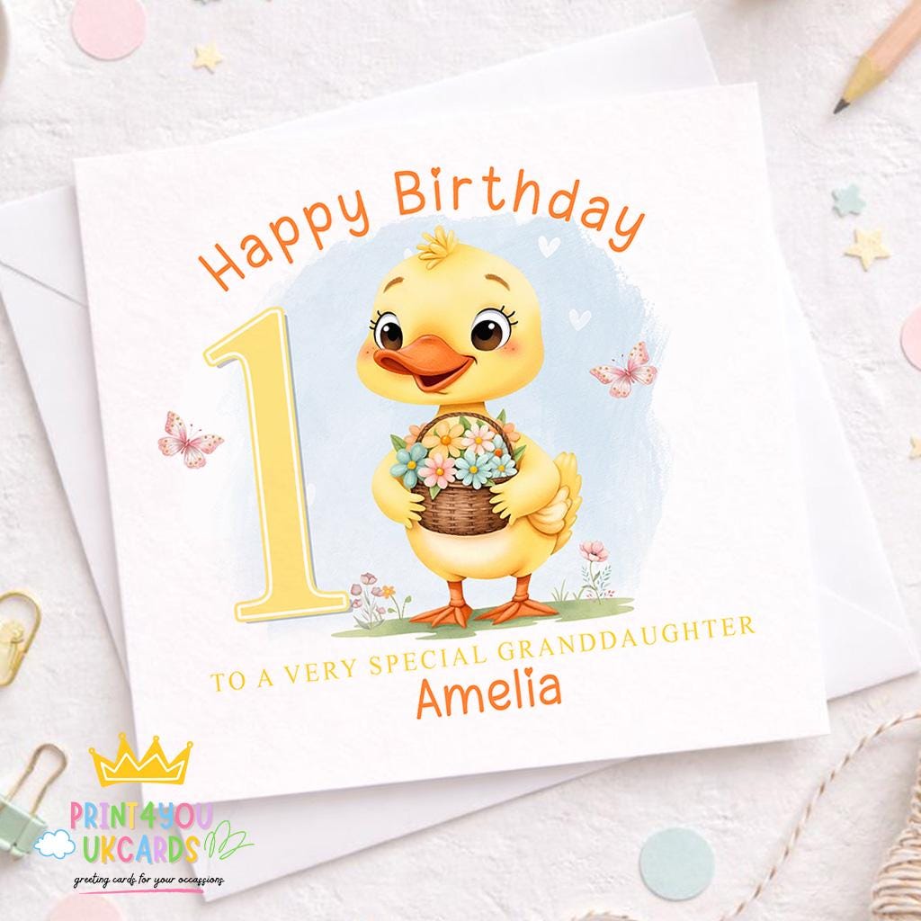 Second view of the floral duck 1st birthday card for a granddaughter, printed on square card stock.