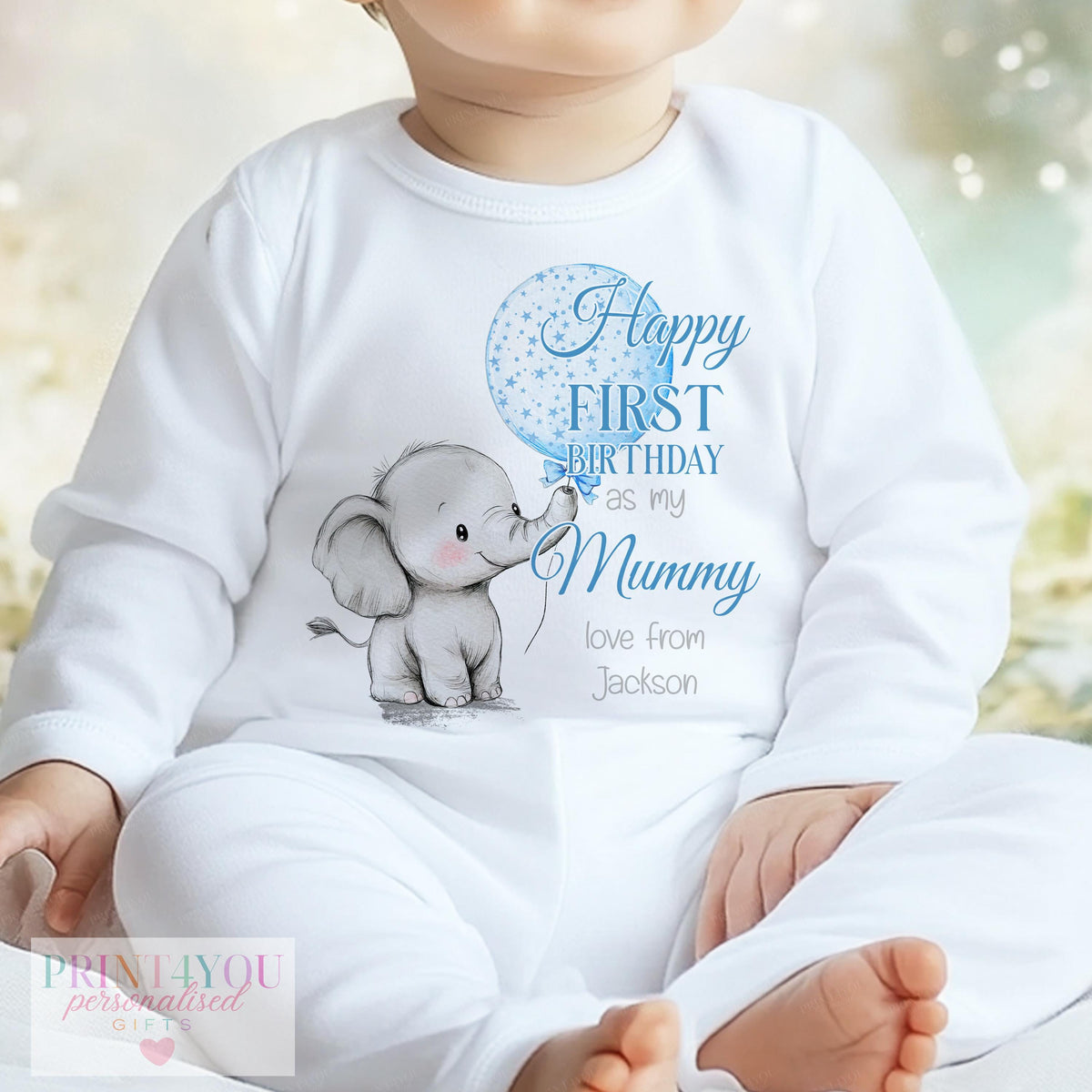Personalised baby vest with starry elephant first birthday design and custom name