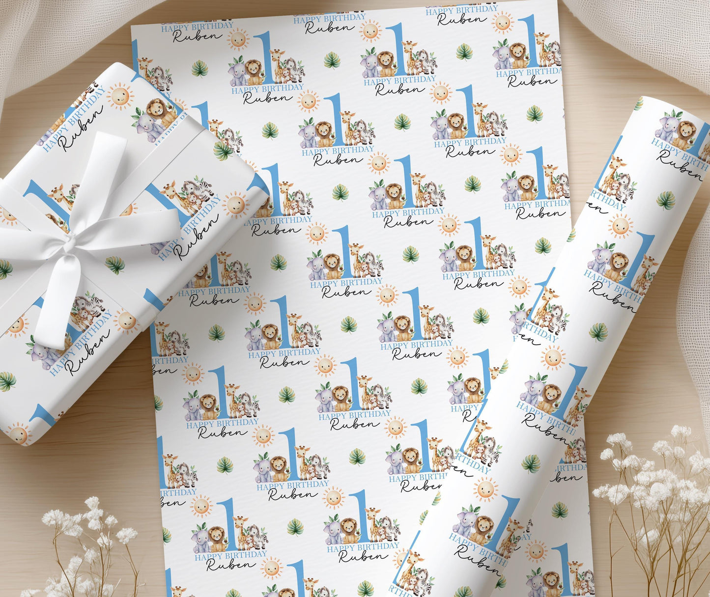 Personalised Safari Birthday Wrap - Blue Jungle Animal Wrapping Paper for Boys’ First Birthday Gifts