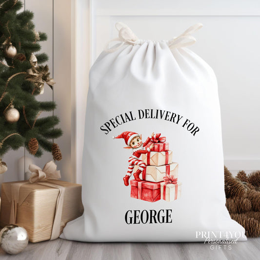 Personalised Christmas Sack – Large Canvas Santa Gift Bag With Elf Design