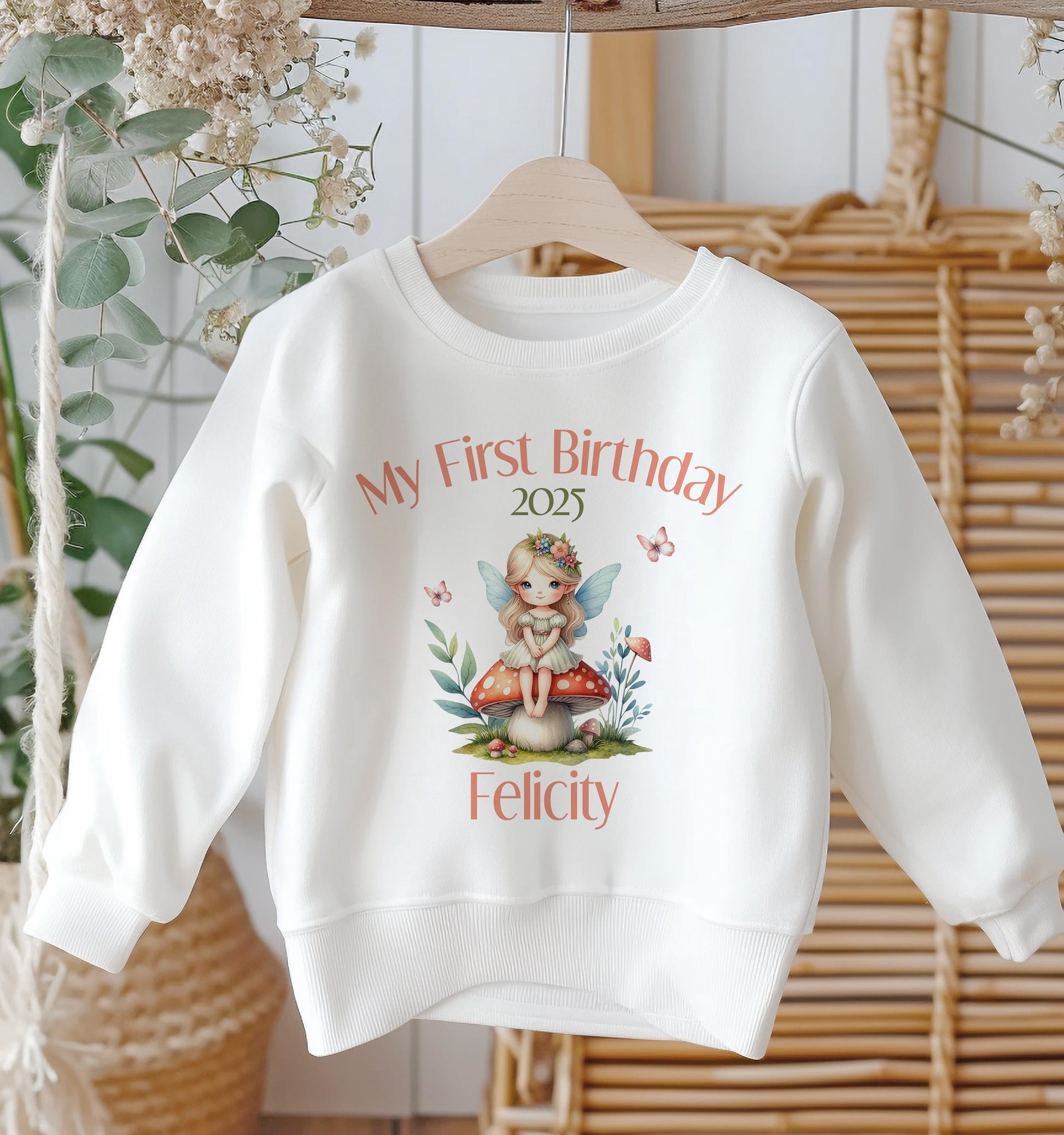 Personalised first birthday jumper with custom name print for cake smash photos, soft cotton fleece sweatshirt, size 6-12 months
