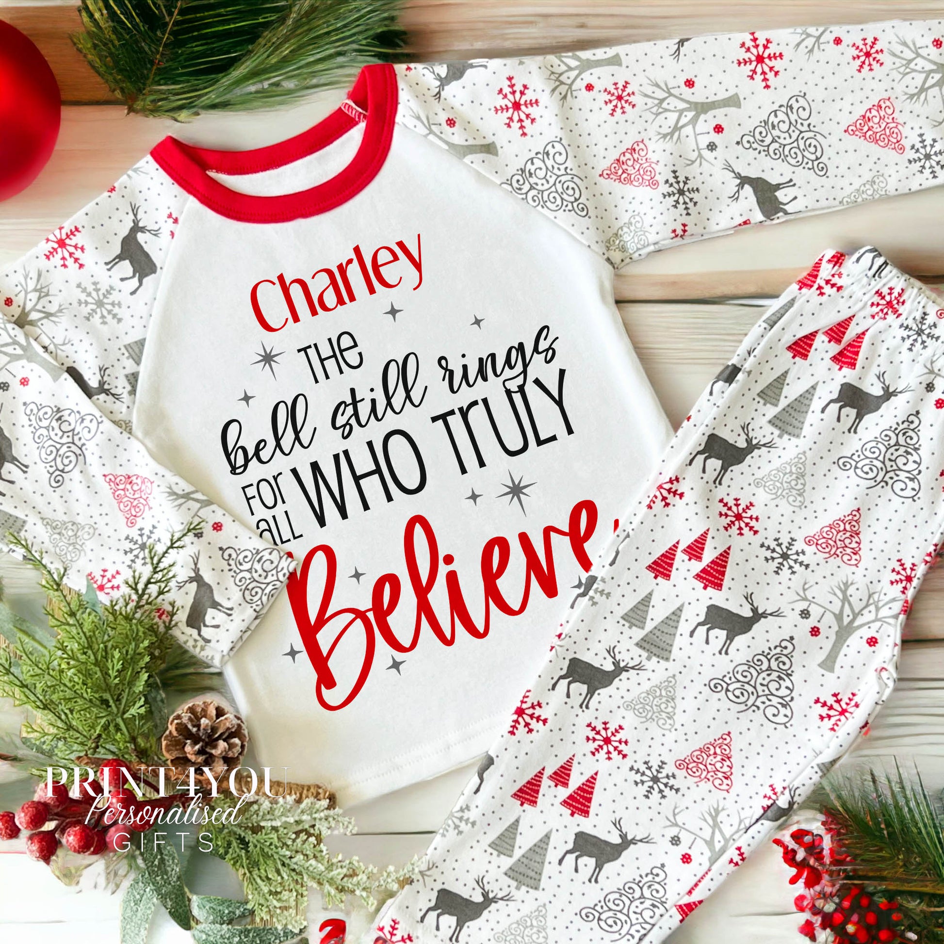 Personalised Reindeer Print Children's Christmas Pyjamas – Polar Express Believe - 1-2 years