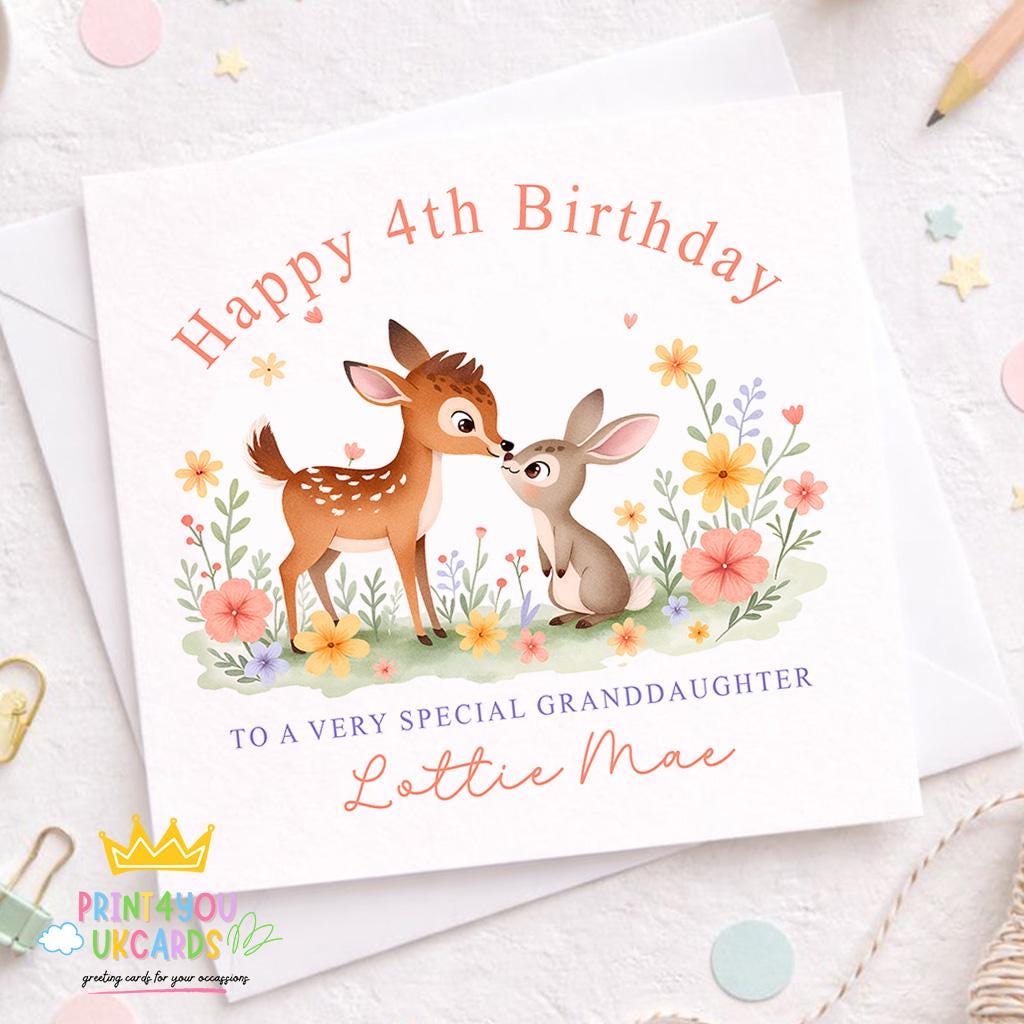 Square birthday card featuring a woodland deer and bunny illustration, personalised with a child's name and age.
