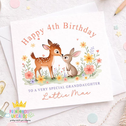 Square birthday card featuring a woodland deer and bunny illustration, personalised with a child's name and age.