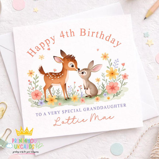 Square birthday card featuring a woodland deer and bunny illustration, personalised with a child's name and age.