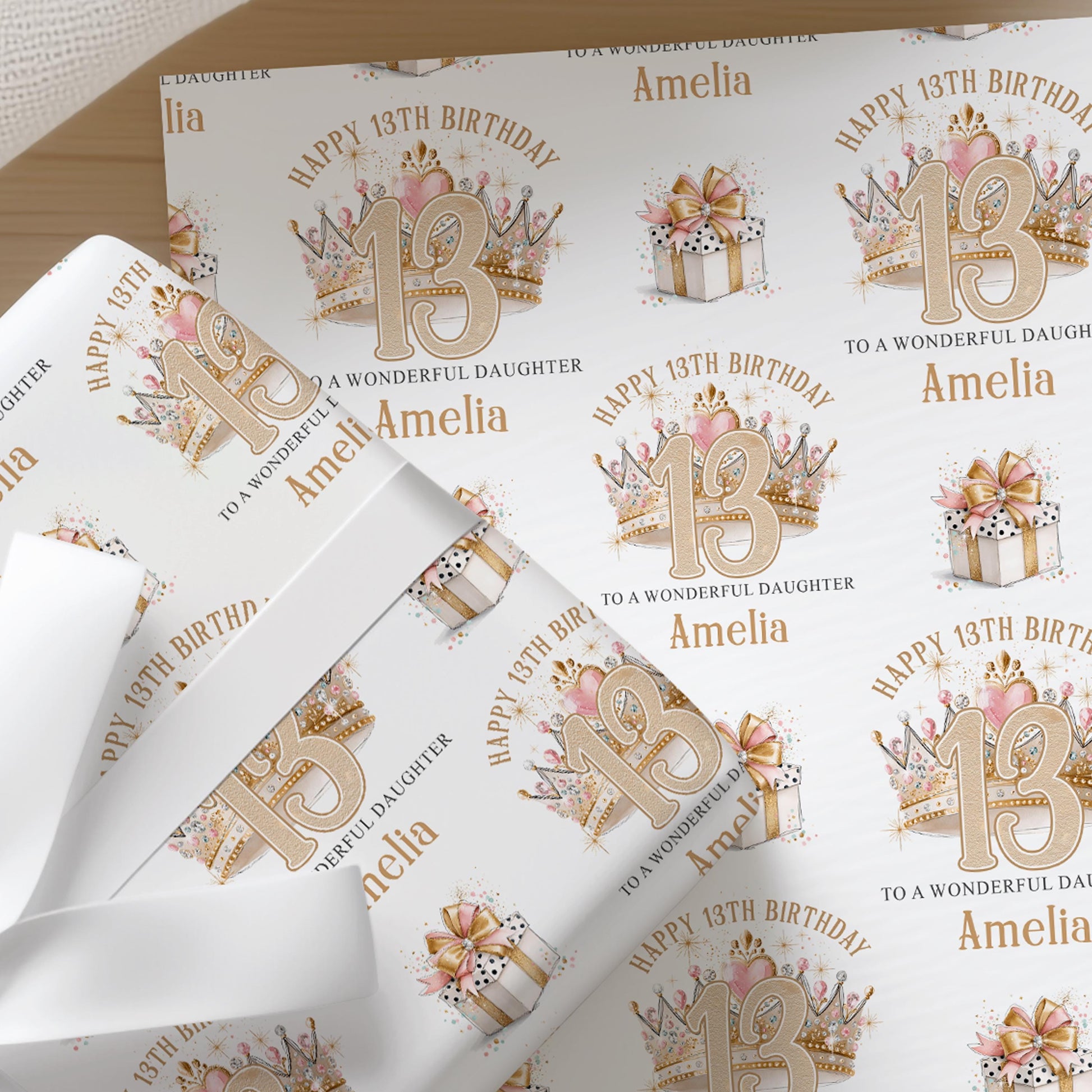 Personalised birthday wrapping paper featuring a glitter-style crown design with custom name, age and relation, luxury gift wrap for girls.