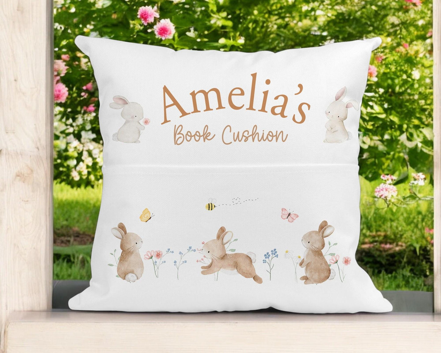 Personalised bunny book cushion cover in soft brushed polyester, cover only