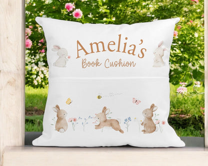 Personalised bunny book cushion cover in soft brushed polyester, cover only