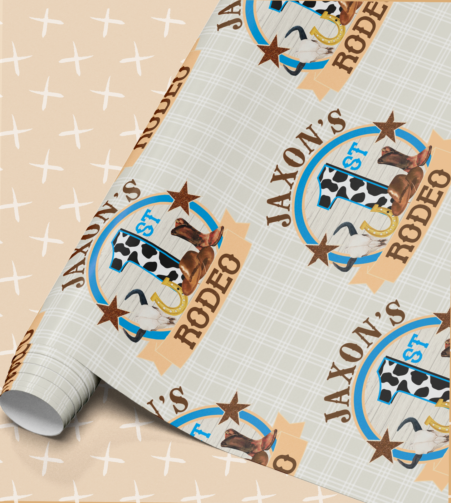 a roll of wrapping paper with a repeating pattern of a cowboy hat, a bull, and the text "JAXON'S RODEO" printed on it.