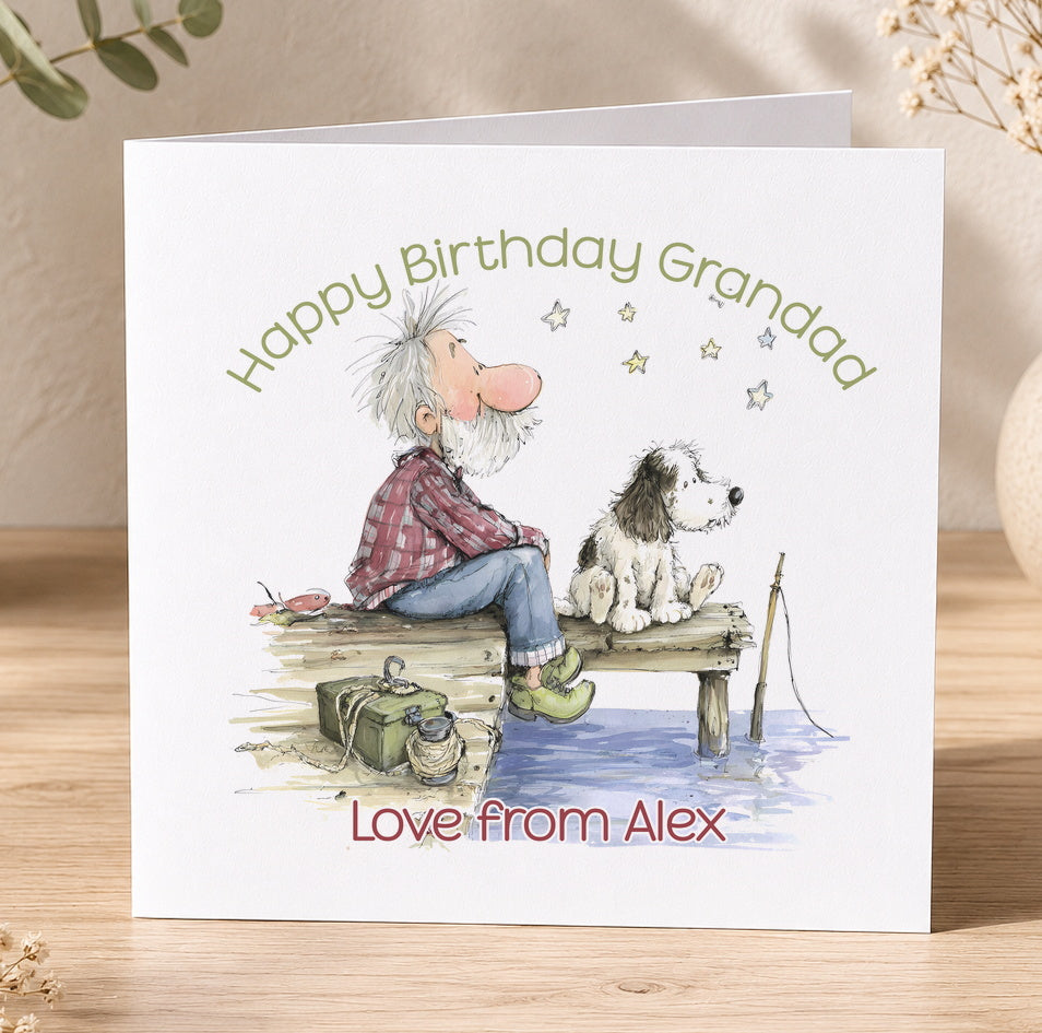 Square birthday card featuring a grandad and his dog sitting on a fishing dock under a starry sky, personalised with the text 'Happy Birthday Grandad, Love from Alex'.