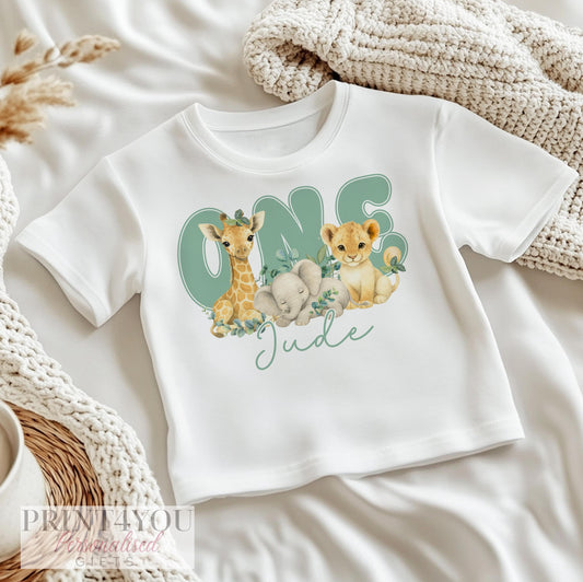 Safari Sage Green personalised first birthday bib with giraffe, elephant and lion cub inside 'ONE'.
