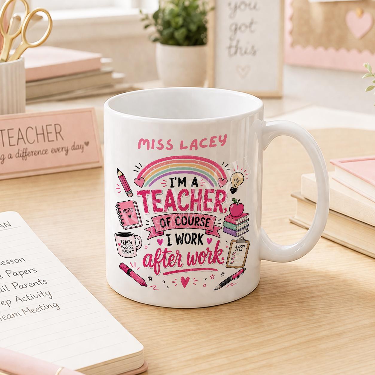 Close-up of funny teacher mug design