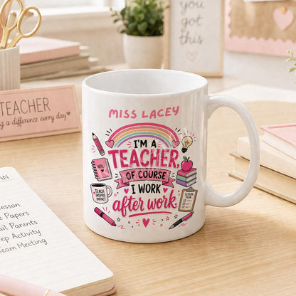 Close-up of funny teacher mug design