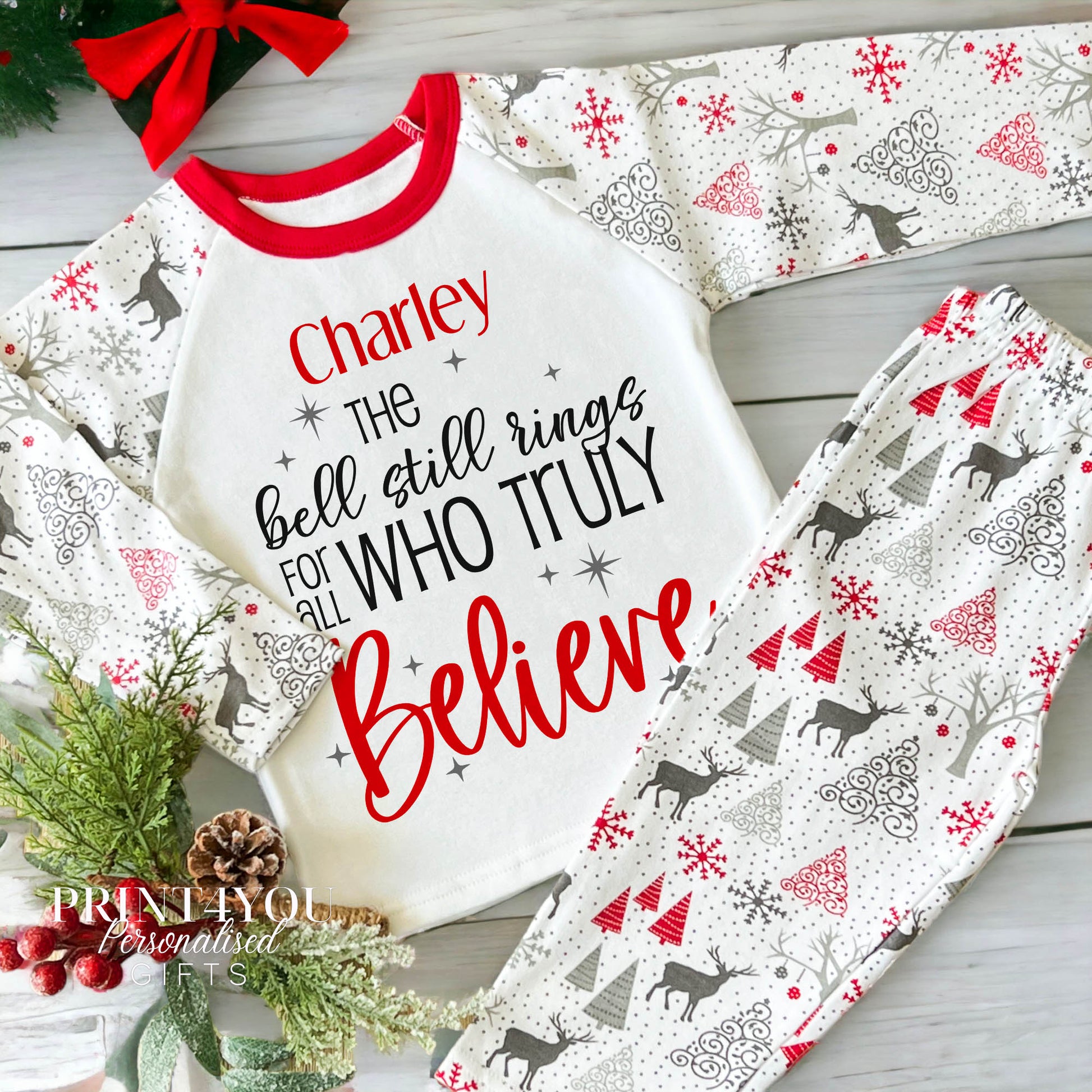 Personalised Reindeer Print Children's Christmas Pyjamas – Polar Express Believe - 2-3 years