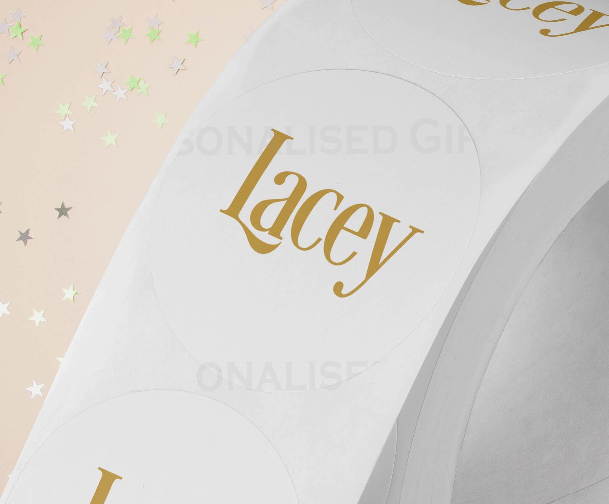 Personalised coloured festive name Christmas stickers on an A4 sheet of 24, 4.5cm each, custom name printed