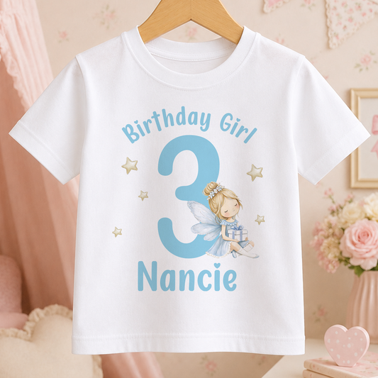 White 3rd birthday t-shirt printed with a pink fairy design, the number 3, and a personalised name