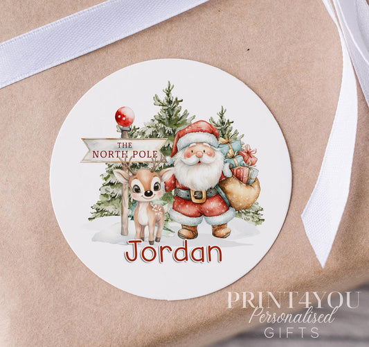 Personalised Christmas Stickers – Glossy White 5cm Santa Reindeer Gift Labels - Strips (5cm each)