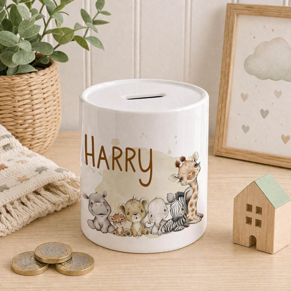 Personalised safari ceramic money box, piggy bank with removable stopper