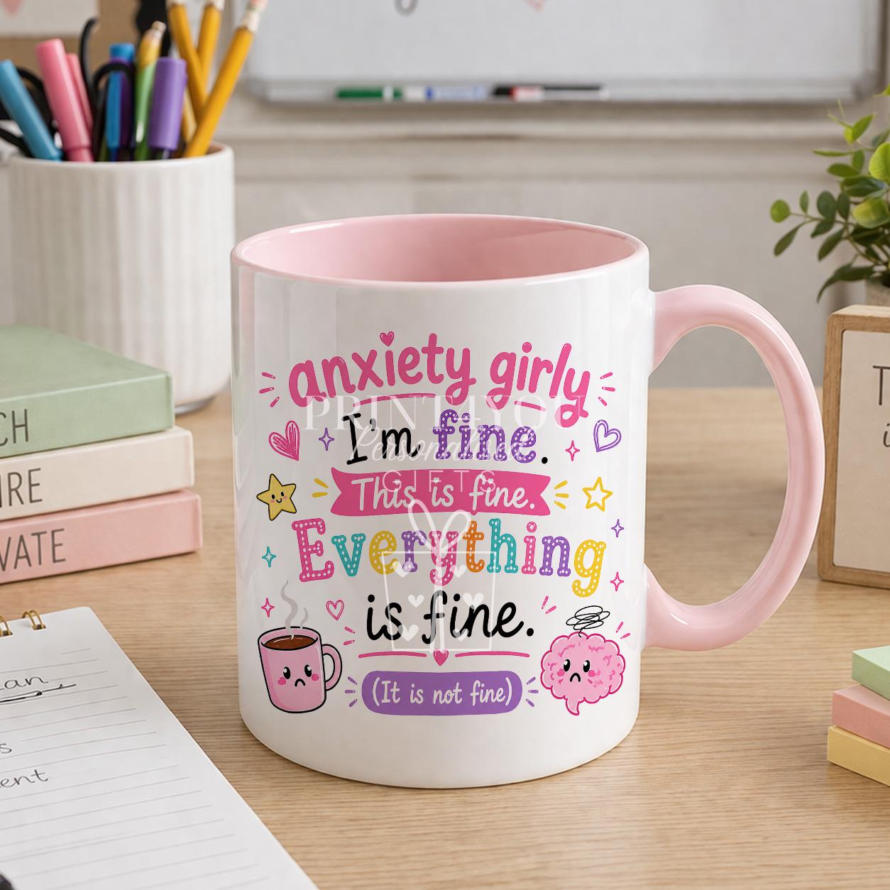 Pink ceramic mug printed with a funny overthinker design, personalised with a name
