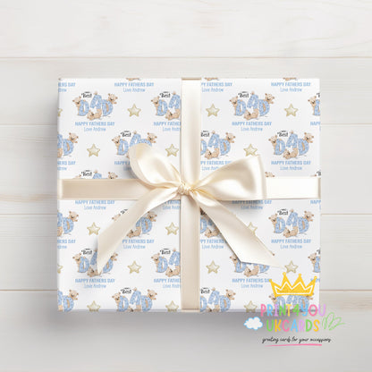 Personalised Father's Day wrapping paper sheet laid flat showing the full teddy bear pattern