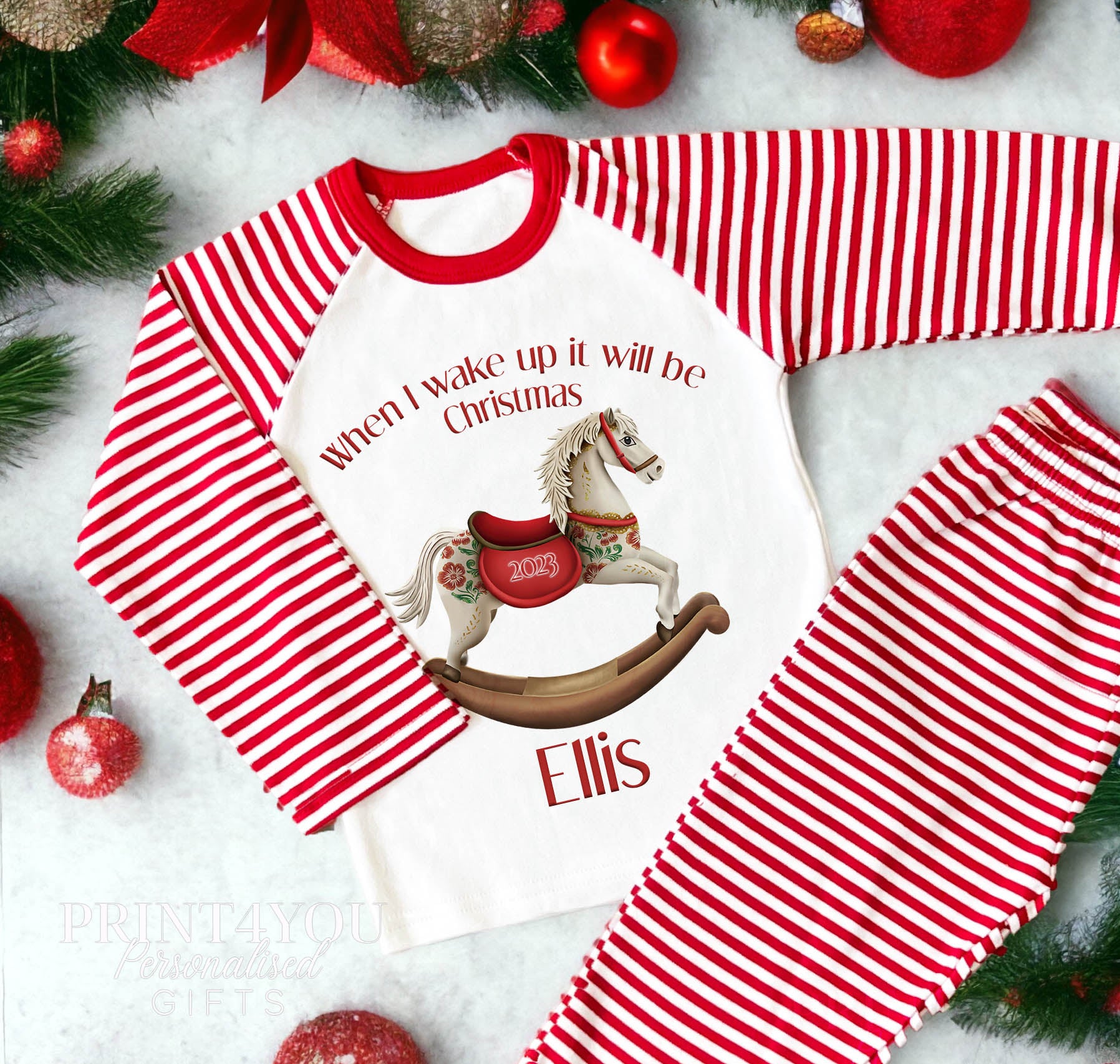 Red & White Striped Children's Christmas Pyjamas – When I wake up Rocking Horse - 6-12 months