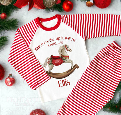 Red & White Striped Children's Christmas Pyjamas – When I wake up Rocking Horse - 6-12 months