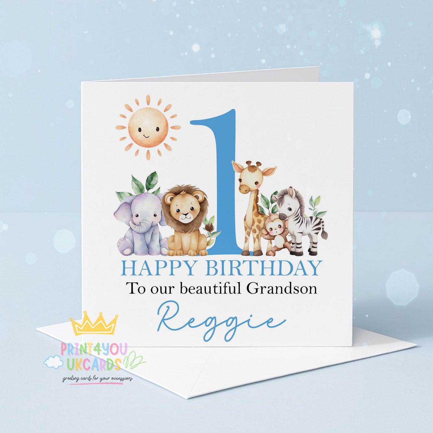 Front view of the personalised safari first birthday card printed on luxury 350gsm card stock.