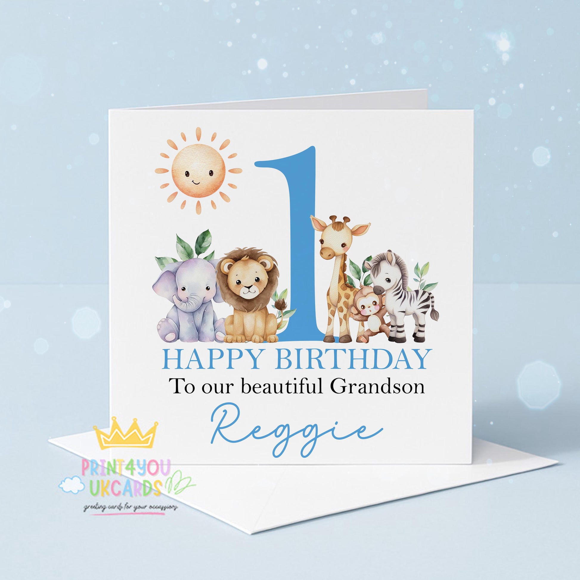 Front view of the personalised safari first birthday card printed on luxury 350gsm card stock.