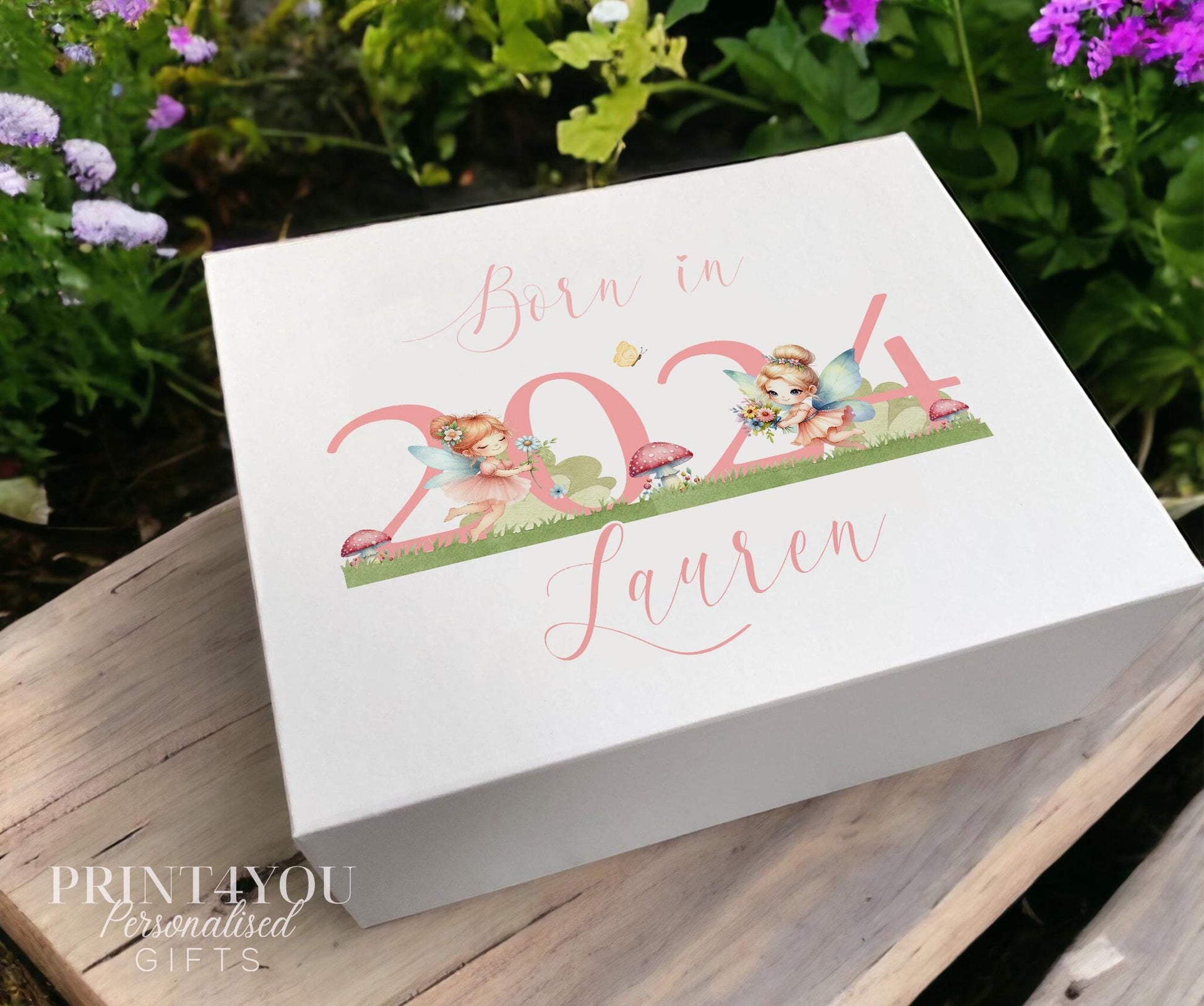 Personalised first birthday keepsake box, large size, white with magnetic closure and pink fairy design