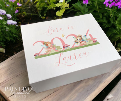 Personalised first birthday keepsake box, large size, white with magnetic closure and pink fairy design