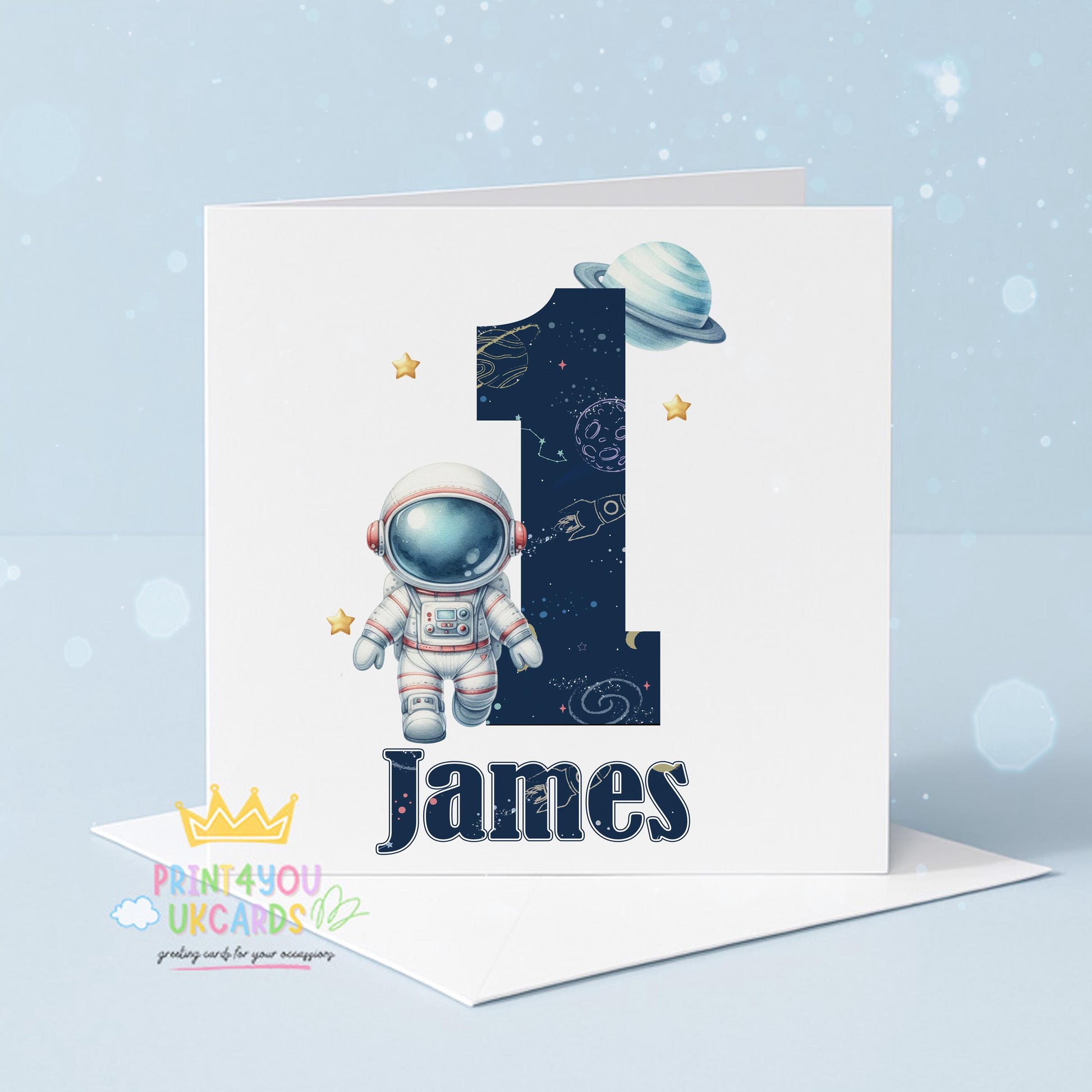 Personalised astronaut birthday card in a bright galaxy design with stars and planets, front view showing space for custom name and age, 6x6 inch luxury card