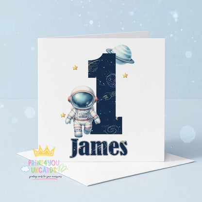 Personalised astronaut birthday card in a bright galaxy design with stars and planets, front view showing space for custom name and age, 6x6 inch luxury card