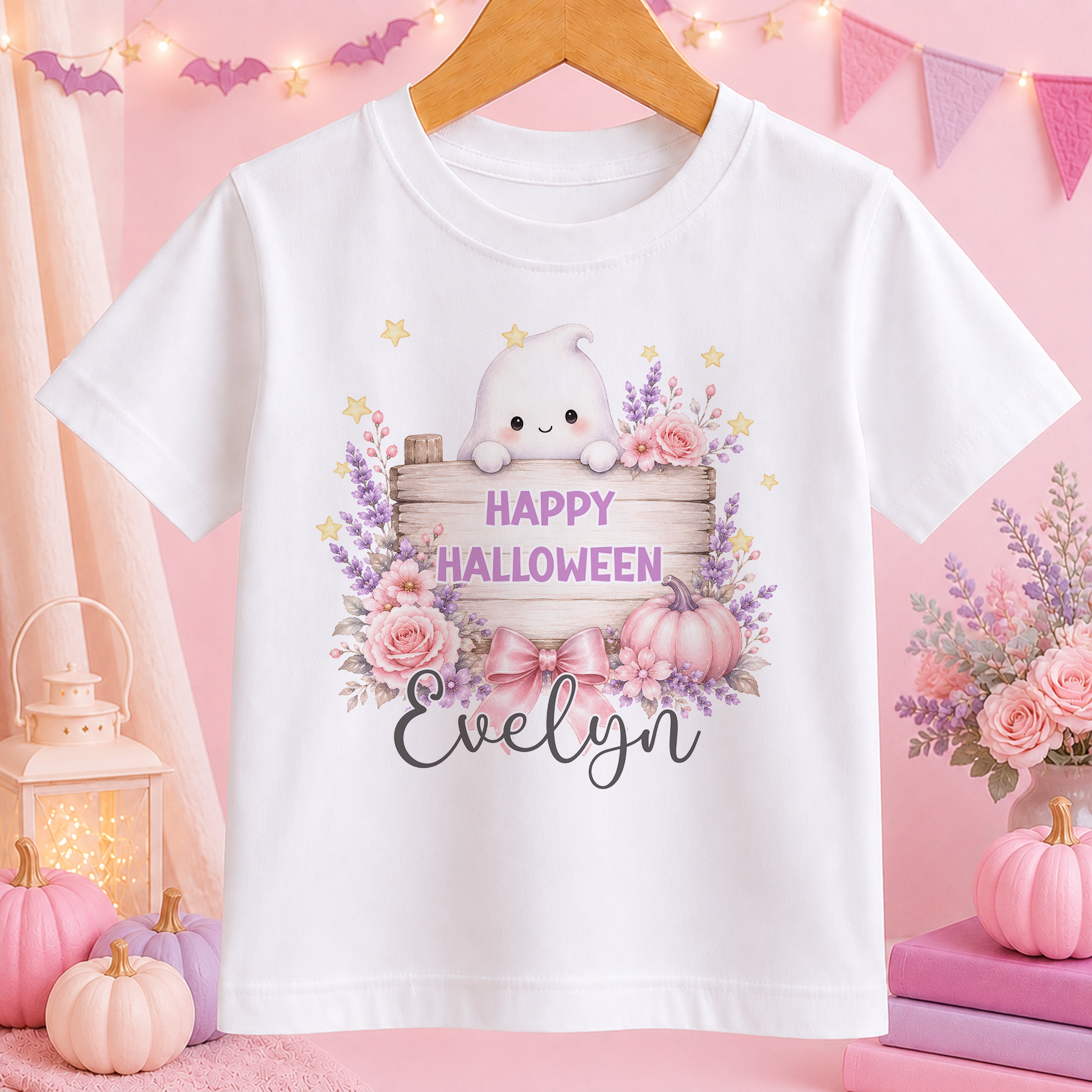 A white t-shirt with a Halloween-themed graphic design, including a ghost, flowers, pumpkins, and a wooden sign that says "Happy Halloween Evelyn". The t-shirt is hanging on a wooden hanger against a pink background with string lights and other Halloween decorations.